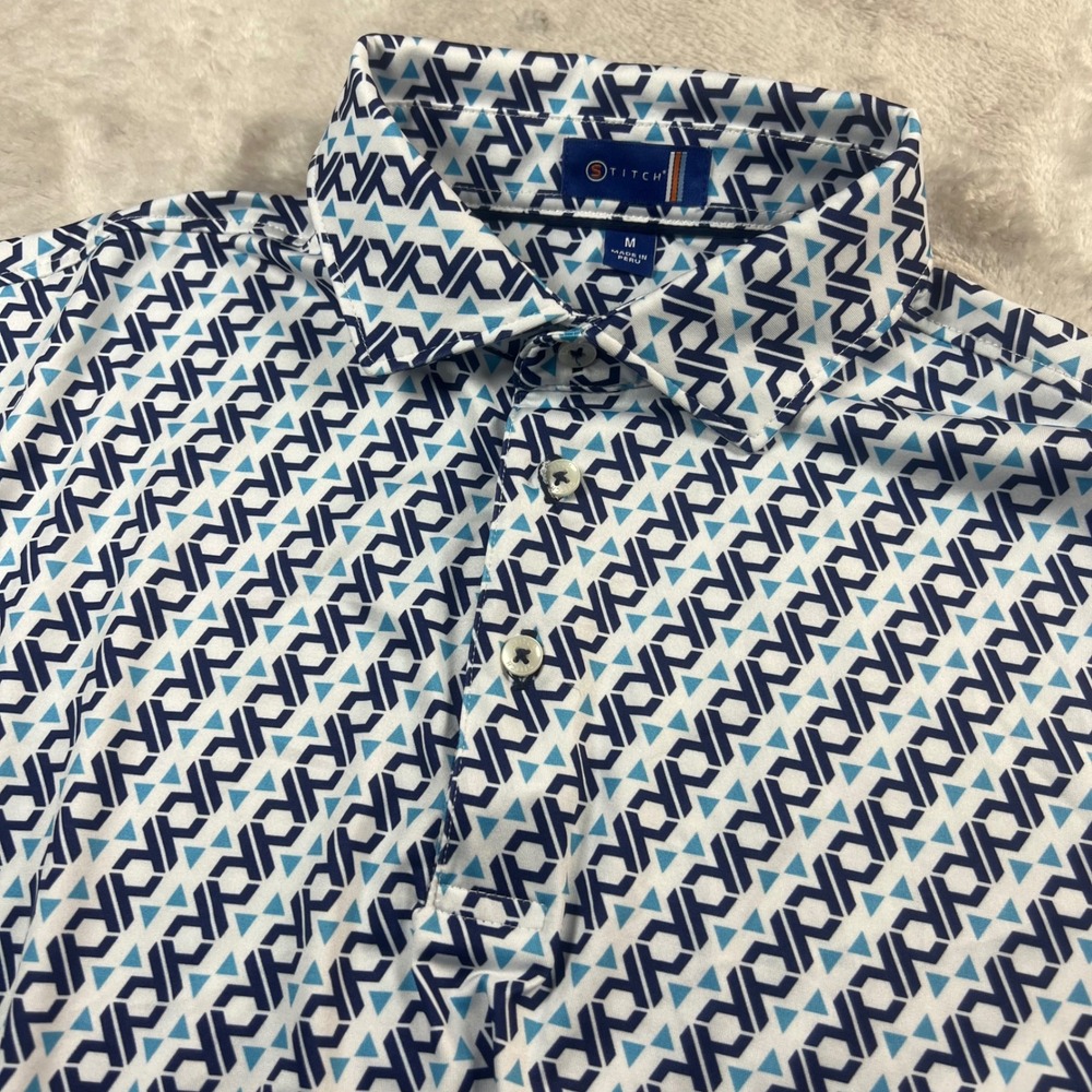 Stitch Golf Men's Medium Polo Shirt Blue White Geometric Performance 241SA0137